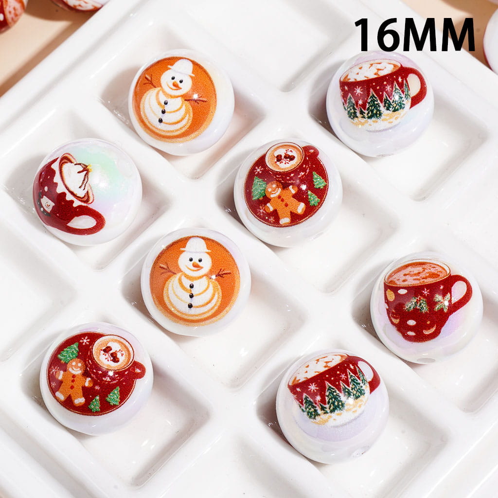 UV Coated Acrylic Beads for Bracelets with Christmas Coffee and Pastry Prints Series, 16MM Random Mix