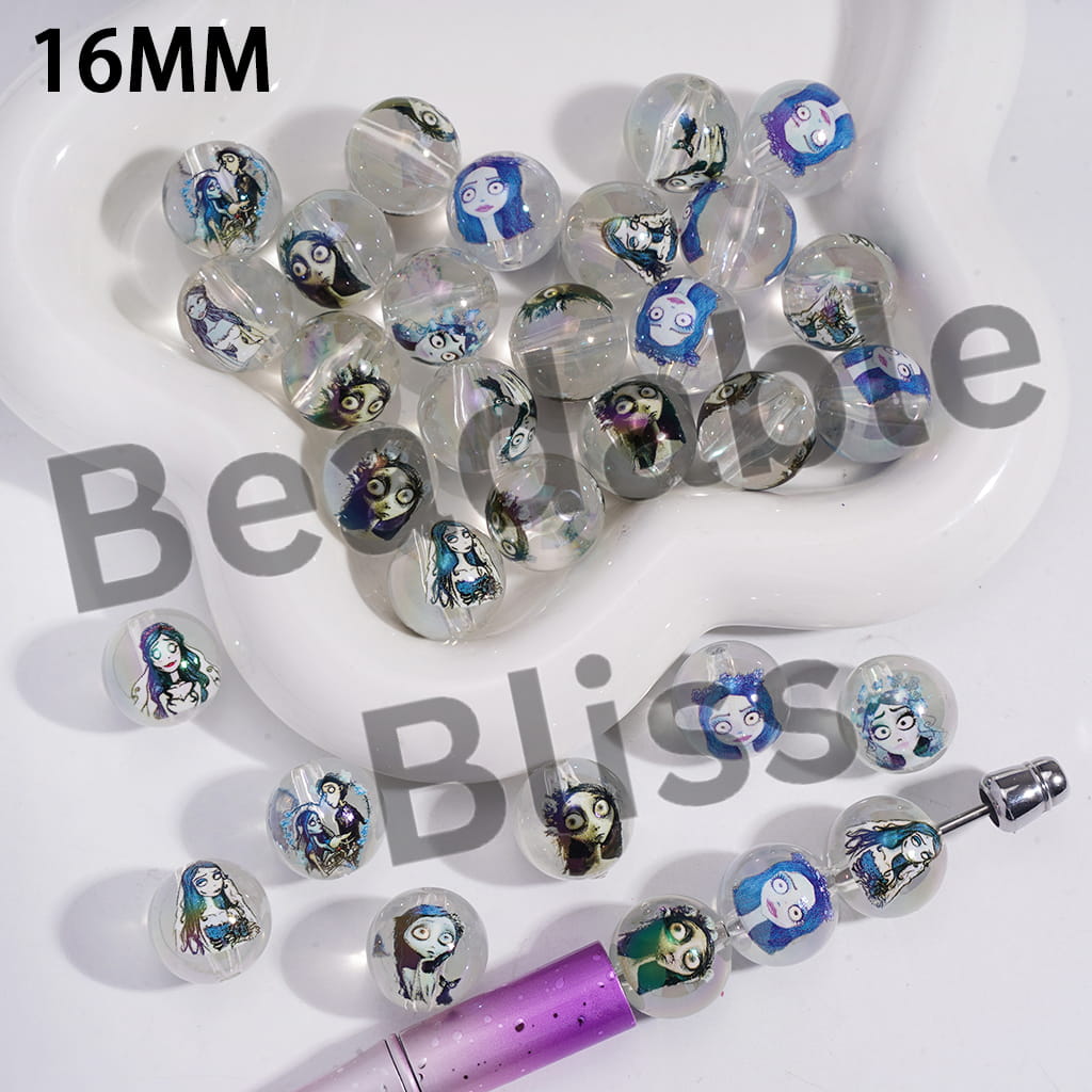Acrylic Beads for Bracelets UV Coating w Halloween Skeleton Couple Character Prints, Clear, 16MM, Random Mix