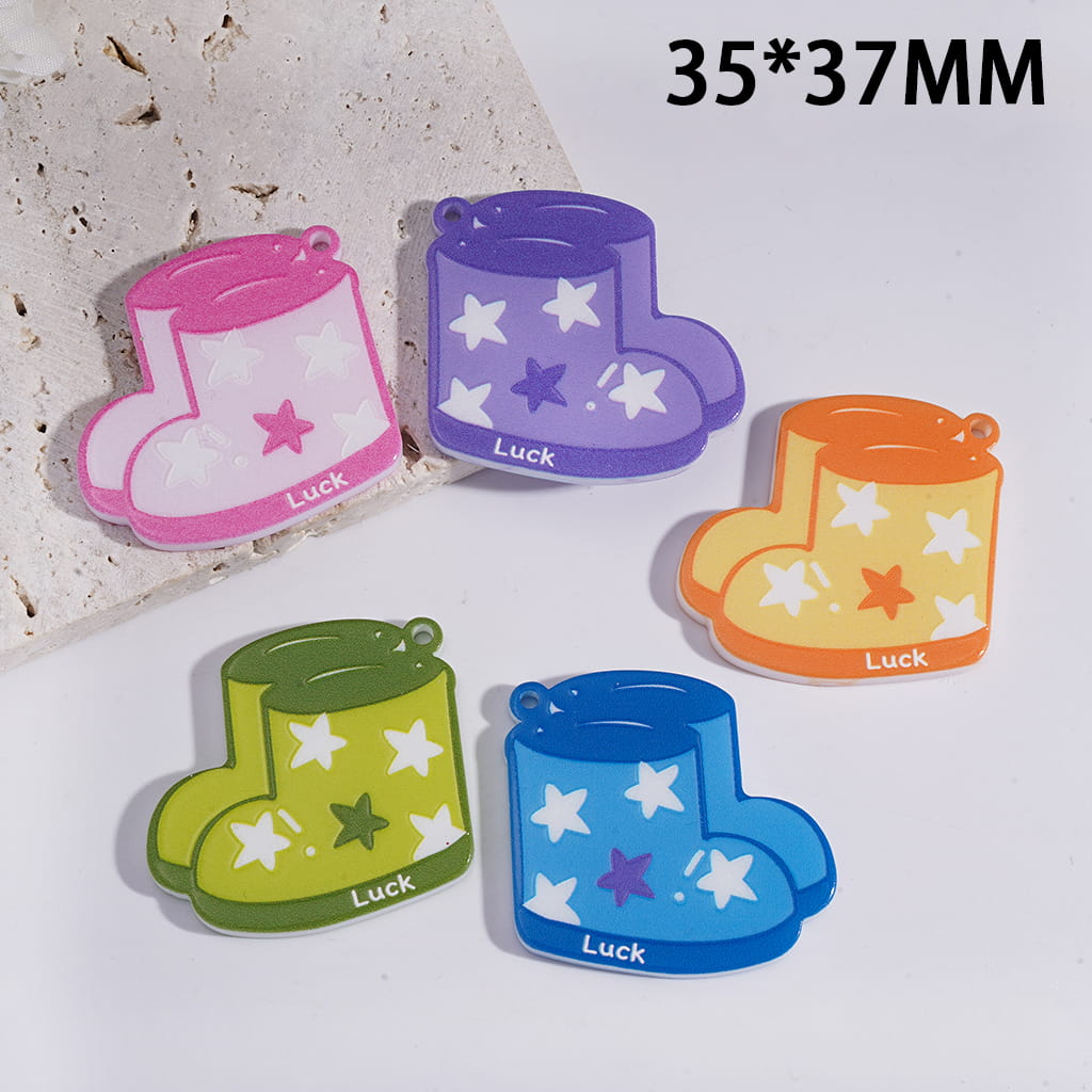 Acrylic Pendants Boot with Star and Text "Luck", 35*37MM, Random Mix