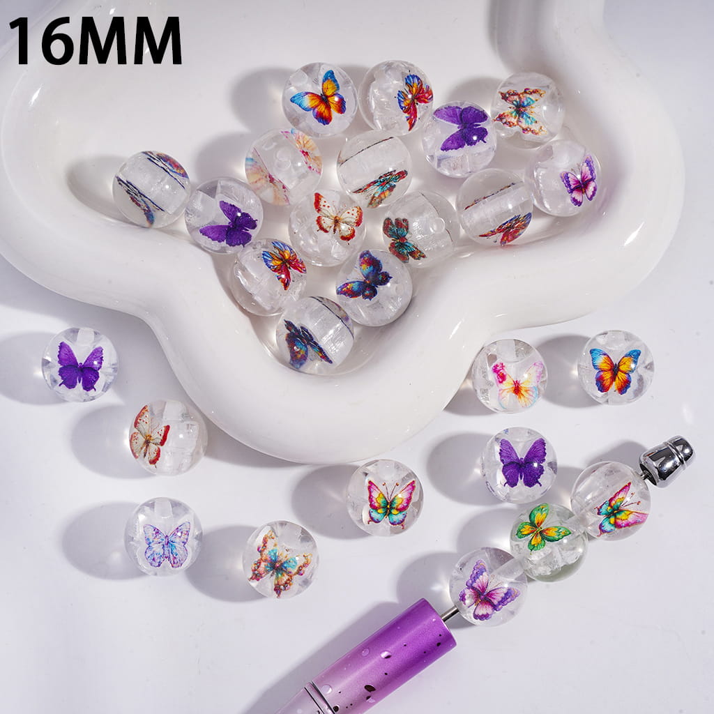 Acrylic Beads for Bracelets Two Butterfly Embedded Inside Bead, 16MM, Translucent, Random Mix