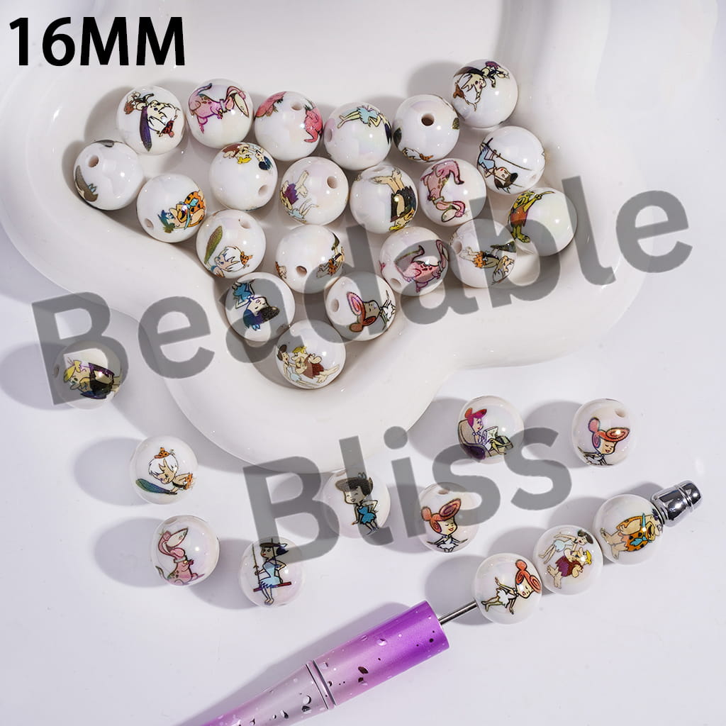 Acrylic Beads for Bracelets UV Coating with the Stone Age Family Neighbor in Funny Style Prints, 16MM, Random Mix