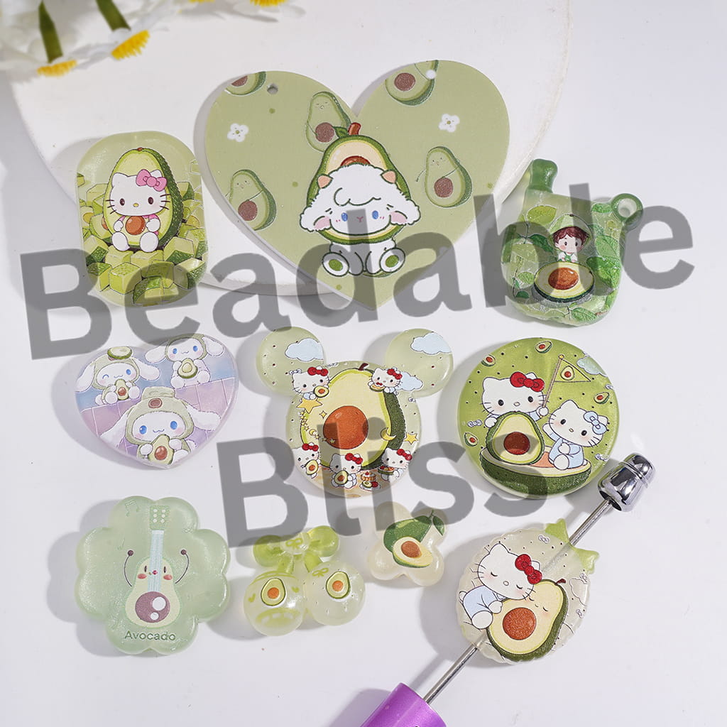 Acrylic Beads Pendant with Adorable Character Animal Avocado Series, Random Mix