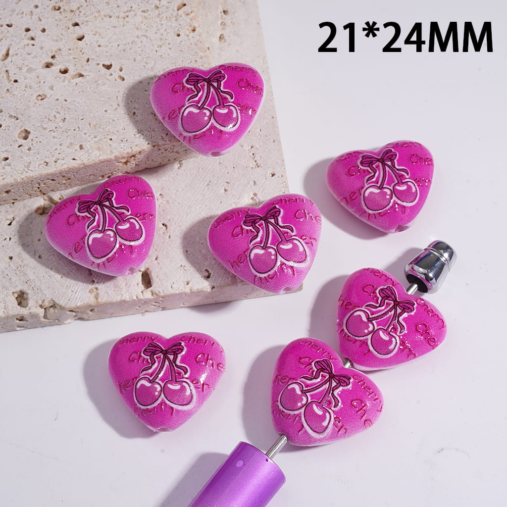 Acrylic Heart Beads with Text "Cherry" and Rose Red Cherry Prints, 21*24MM