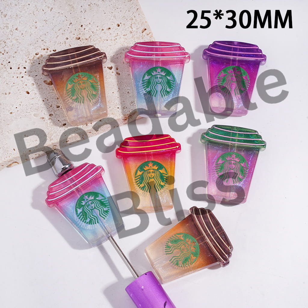 Acrylic Coffee Cup Beads Ombre Color with Star Sky Glitter, 25*30MM, Random Mix