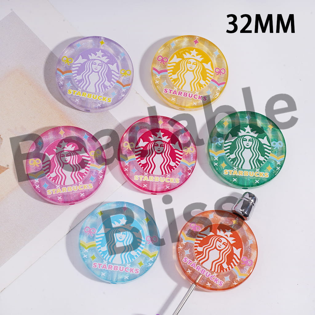 Acrylic Beads with Coffee Prints, Flat Round Shape, 32MM, Multi-Color, Random Mix