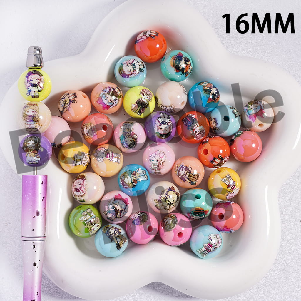Acrylic Beads for Bracelets UV Coating with Fashion Girl in Various Clothes, 16MM, Multi-Color, Random Mix