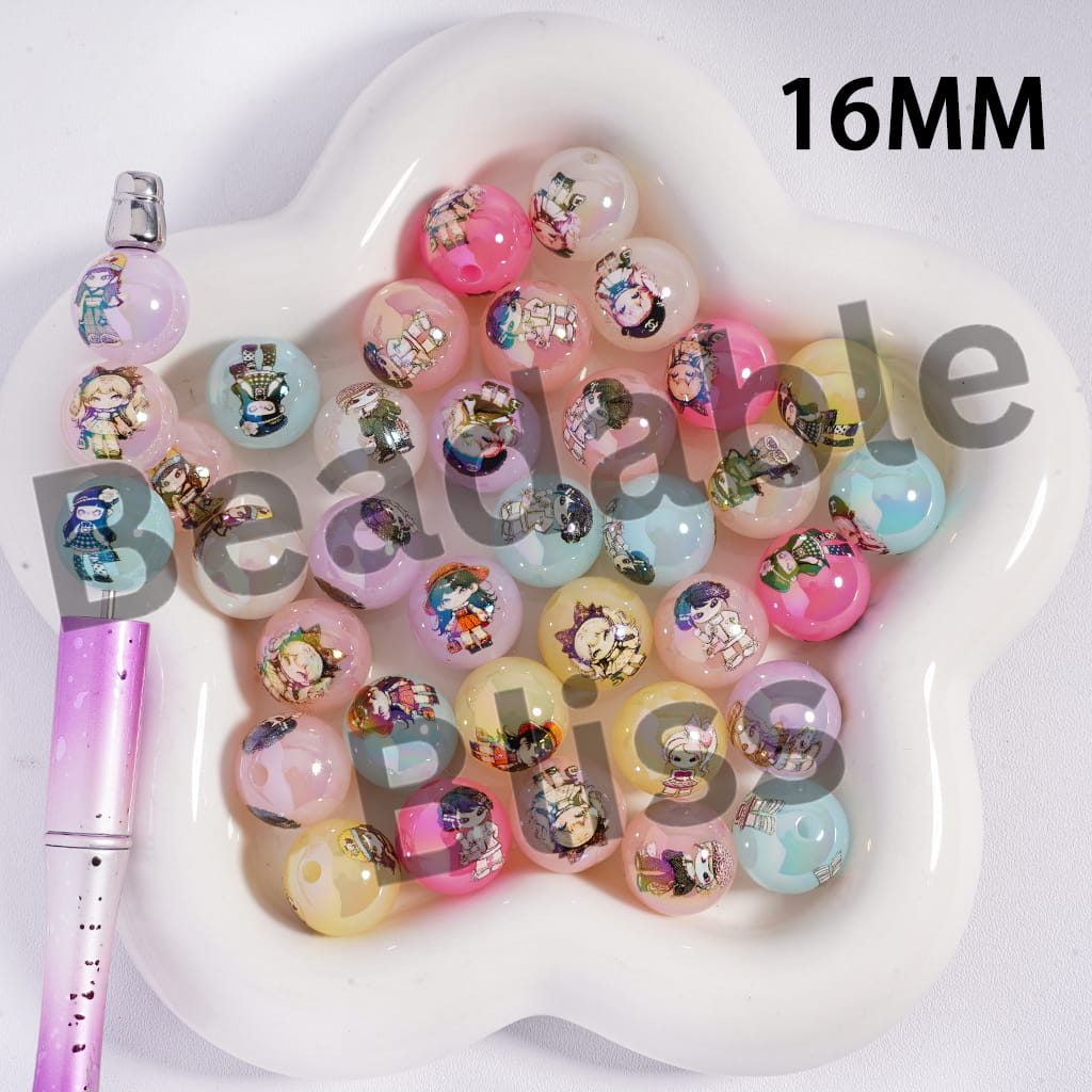 Acrylic Beads for Bracelets UV Coating with Fashion Girl in Various Clothes, 16MM, Candy Color, Random Mix
