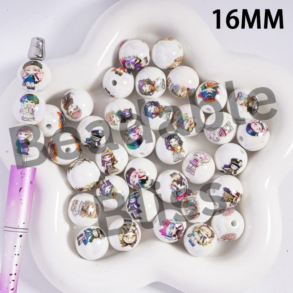 Acrylic Beads for Bracelets with Fashion Girl in Various Clothes, 16MM, White Background, Random Mix