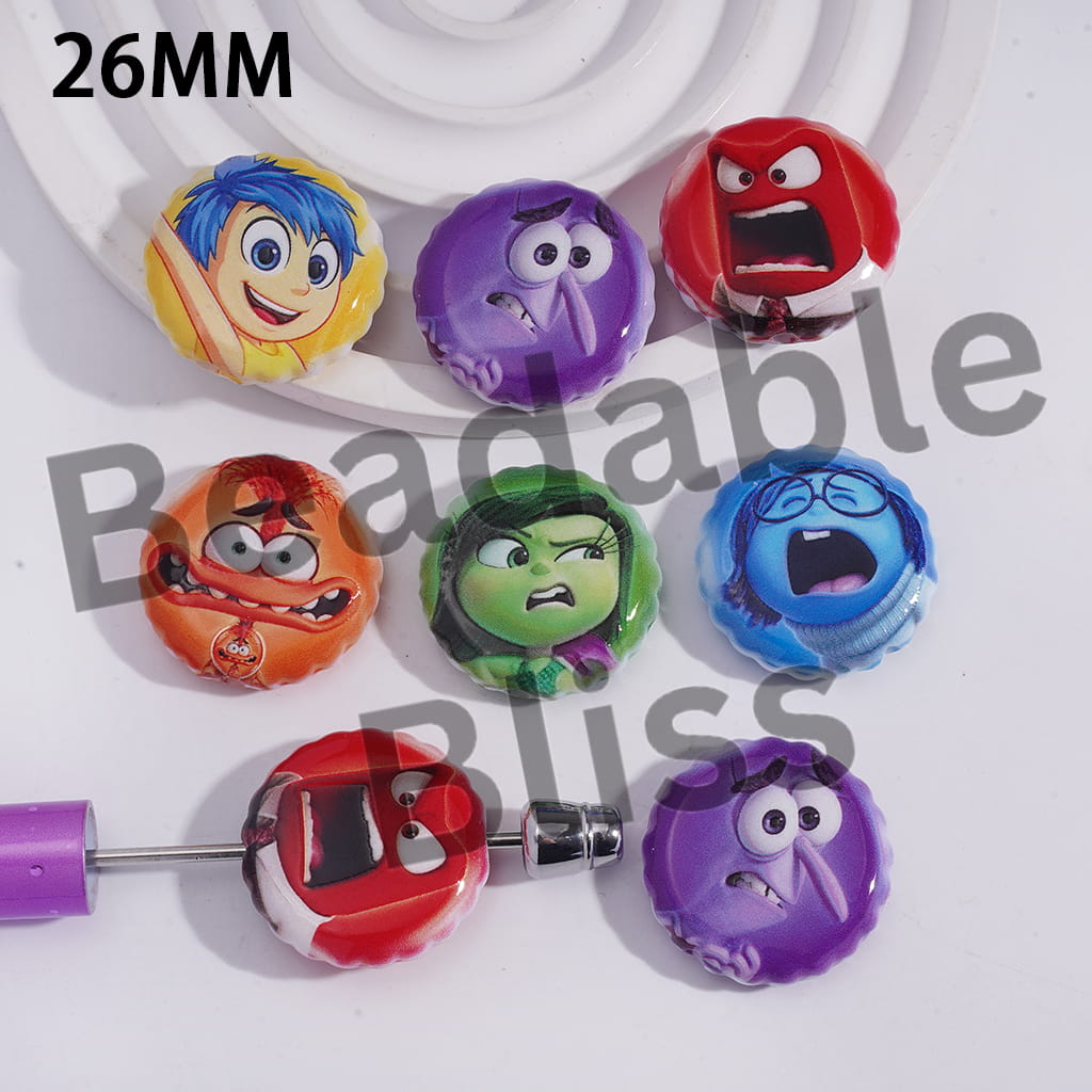 Acrylic Beads with Mind Five Emotion Character Series, 26MM, Flat Round Shape, Random Mix