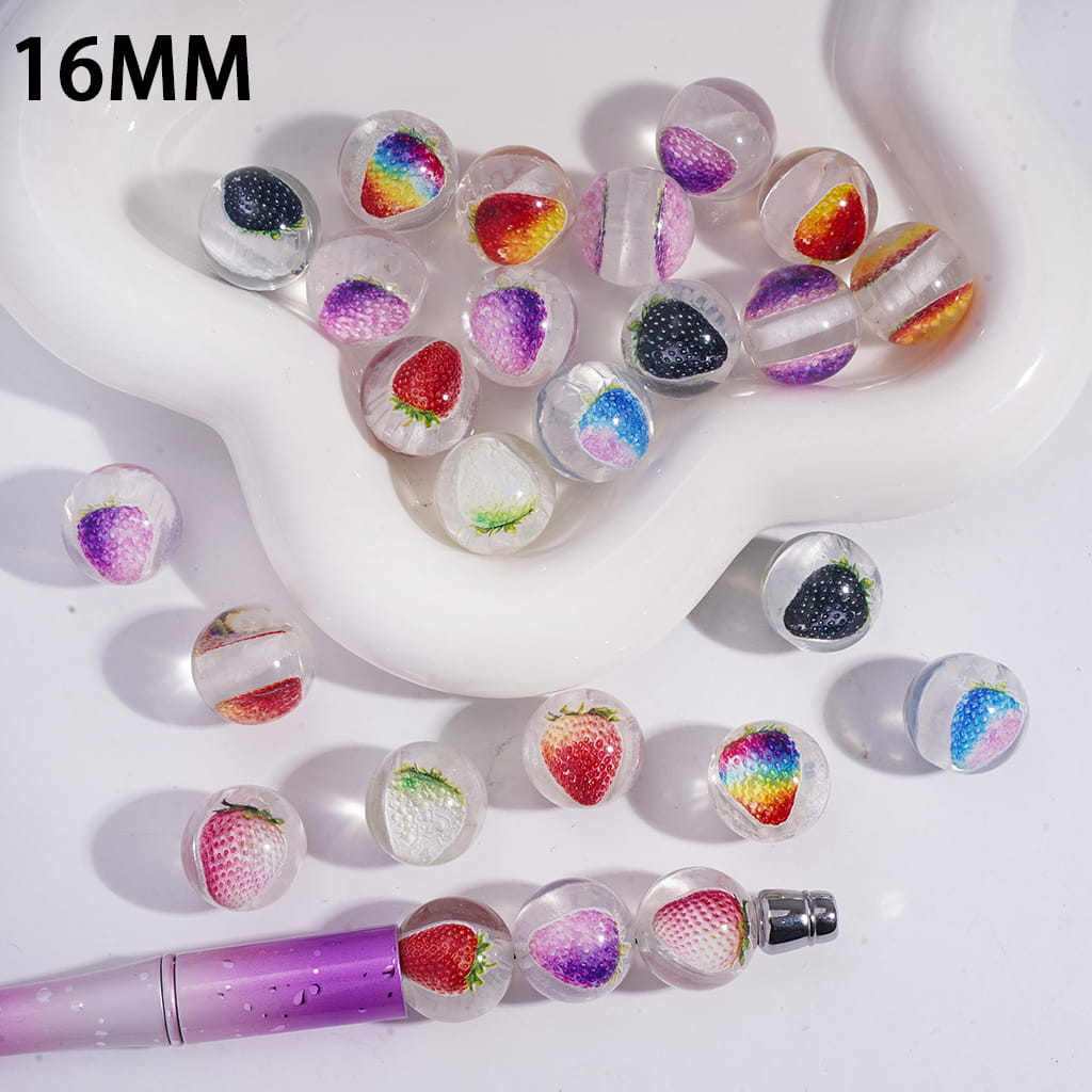 Acrylic Beads for Bracelets with Strawberry Embedded Inside Bead, 16MM, Translucent, Random Mix