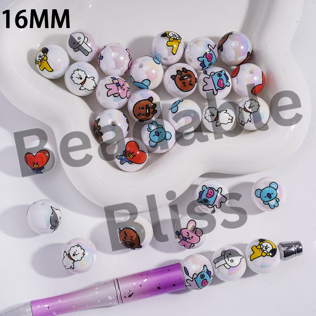 Acrylic Beads for Bracelets UV Coating with Korea Boy Group Image Prints, 16MM, Random Mix