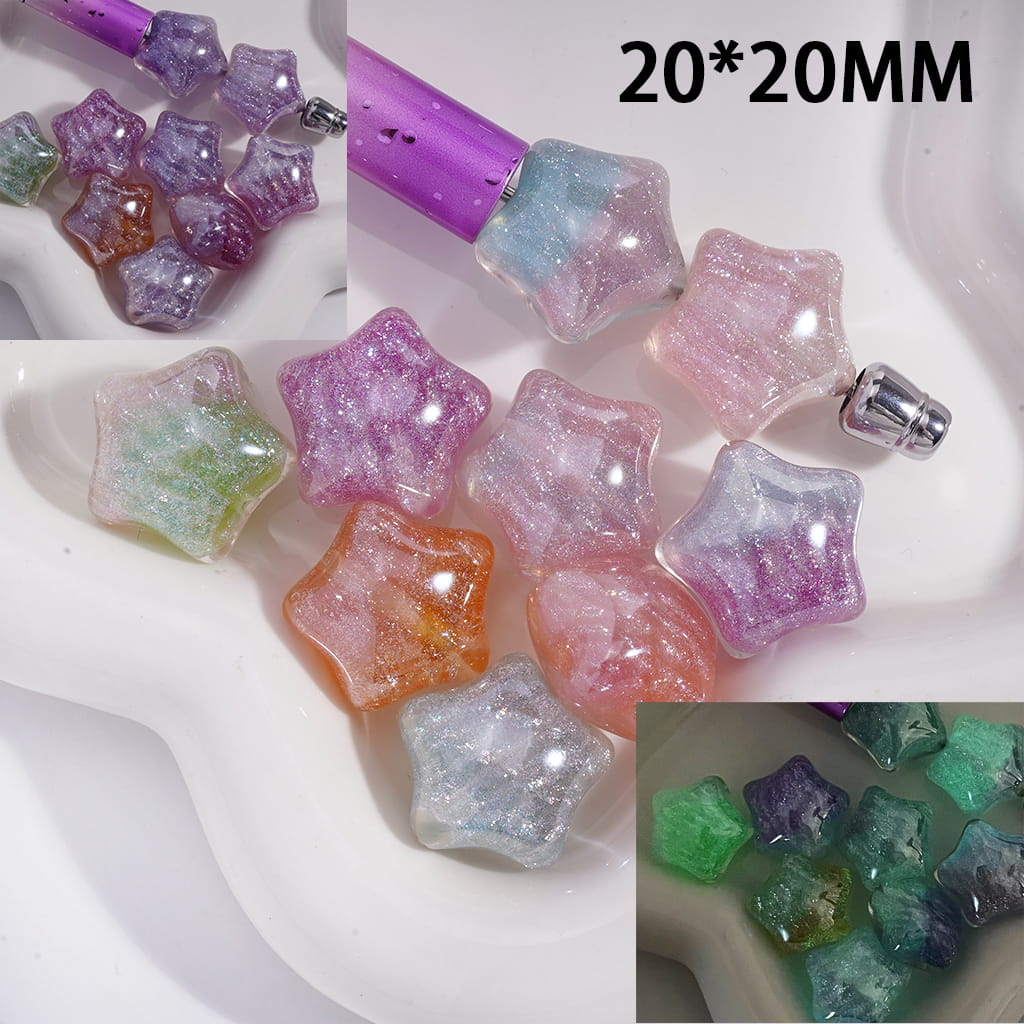 Acrylic Beads Luminous Color Changing Star with Glitter Stripes, 20*20MM, Random Mix