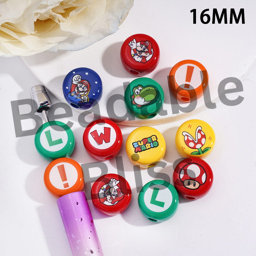 Acrylic Beads with Plumber Character Prints, 16MM, Multi-Color, Flat Cylinder Shape, Random Mix