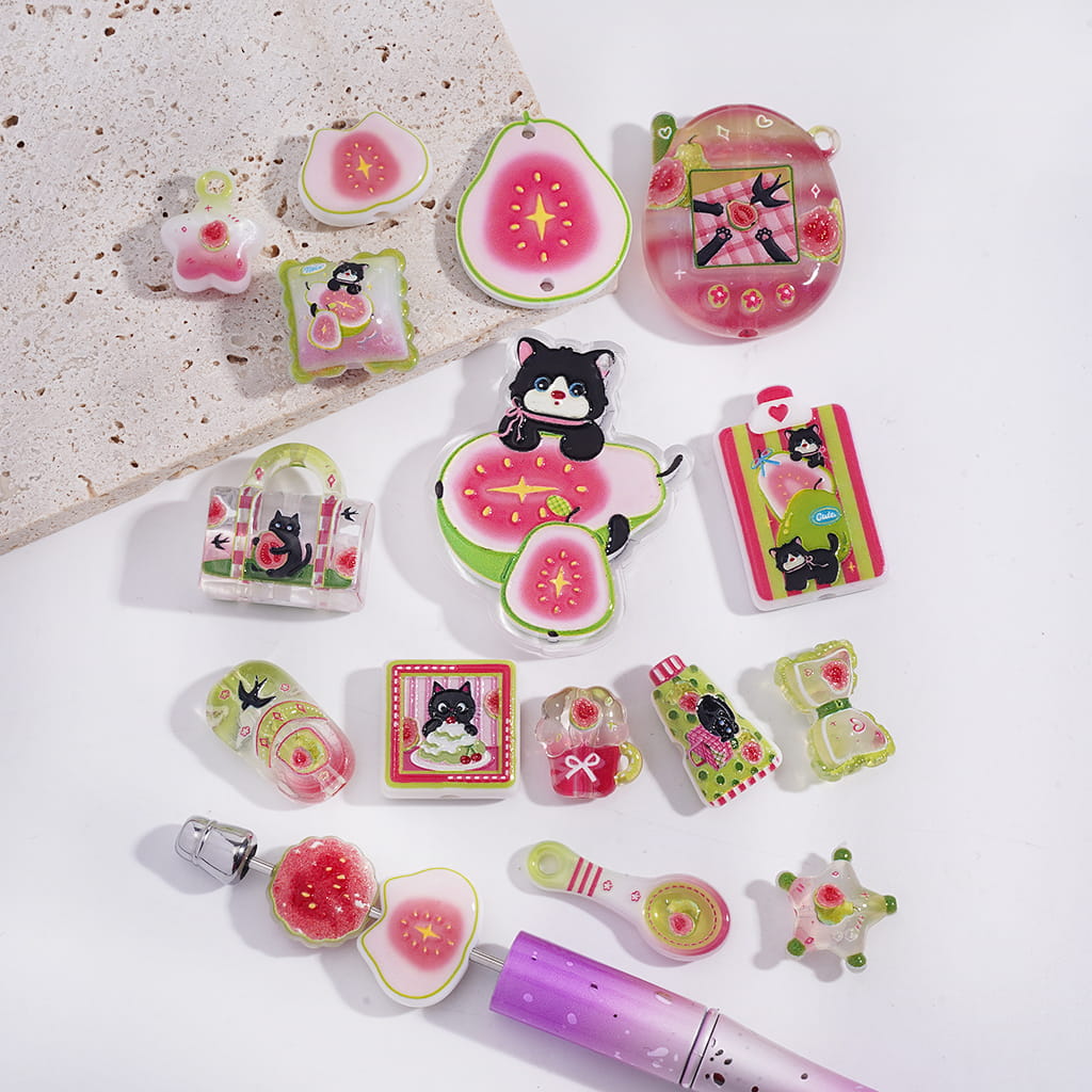 Acrylic Beads Pendants Fruit Guava and Black Cat, Random Mix