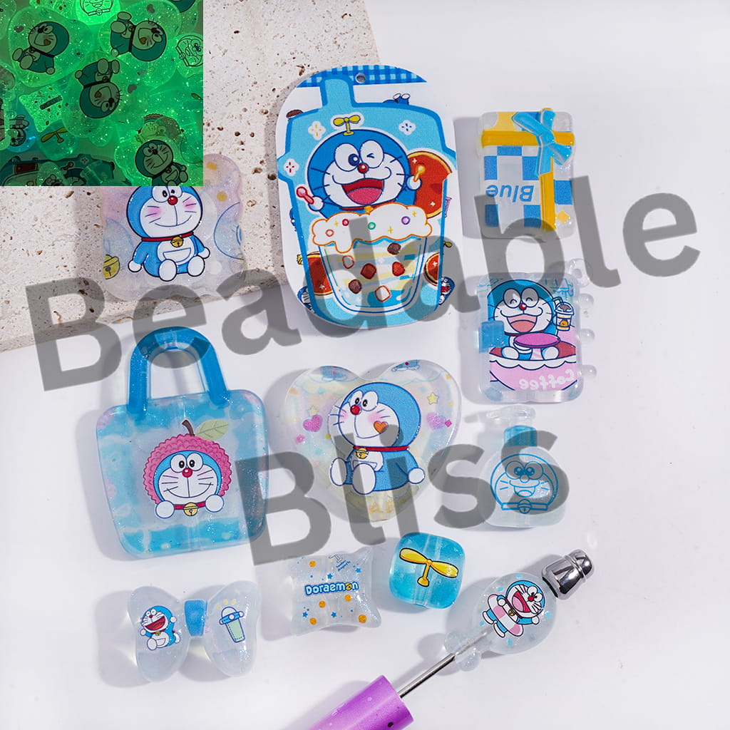 Acrylic Beads Pendants Luminous Japanese Blue Robot Cat Character Series, Random Mix