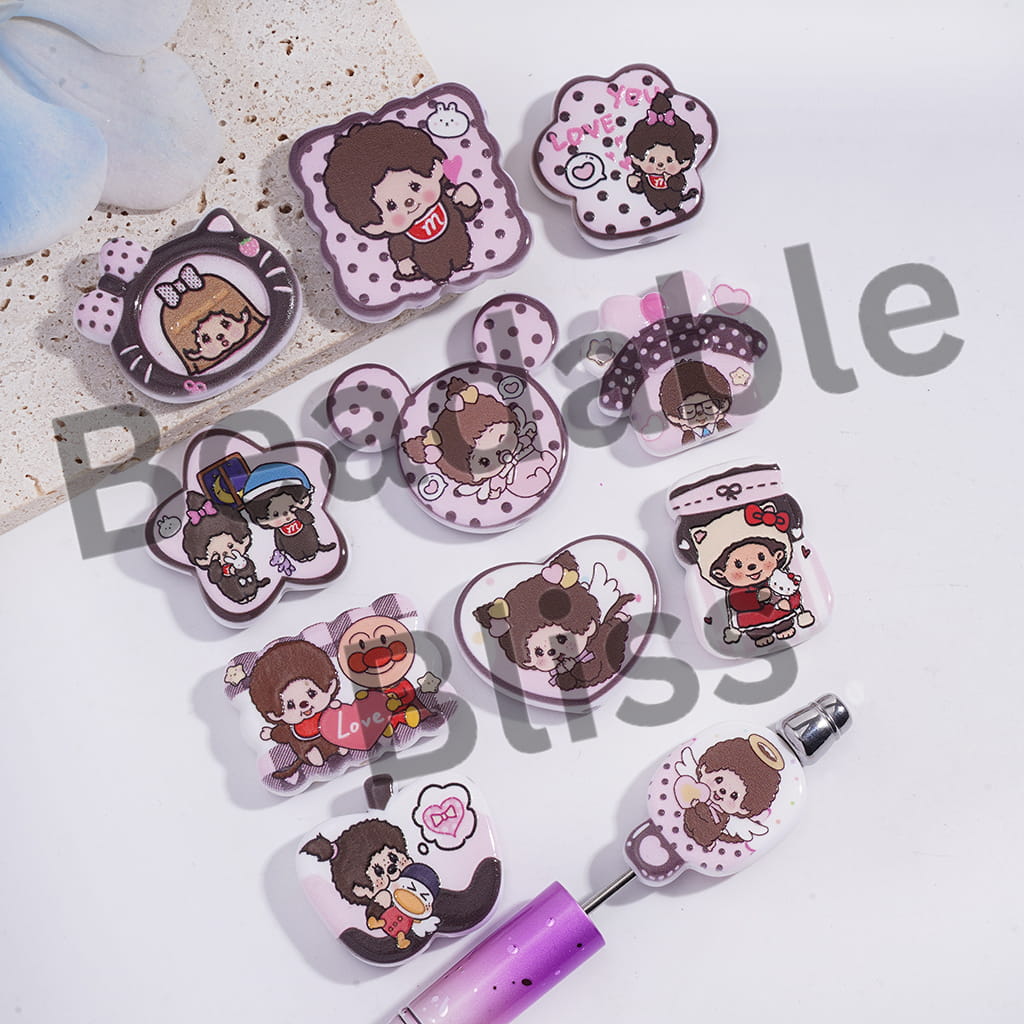 Acrylic Beads Pendants with Cute Baby Monkey Doll Prints Theme, Random Mix