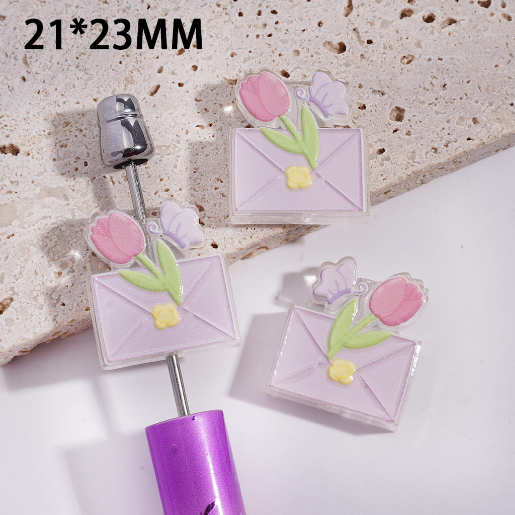 Acrylic Beads Pastel Pink Envelope with Tulip Flower and Butterfly, 21*23MM, Translucent