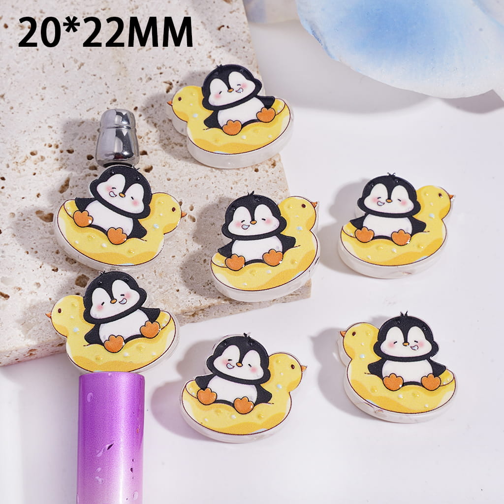 Acrylic Beads Penguin Sitting in Yellow Duck Swim Ring, Translucent, 20*22MM