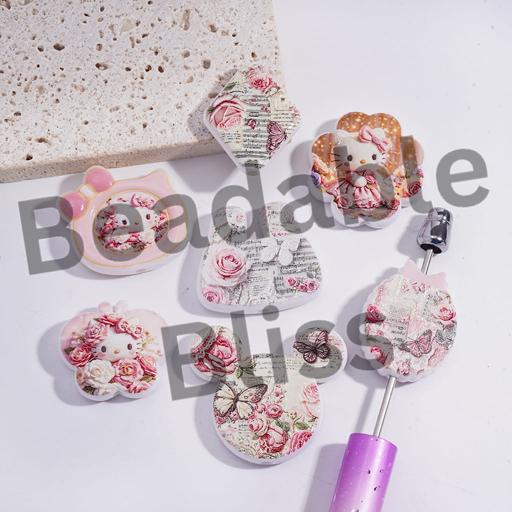 Acrylic Beads with Cute Cat Character Rose Flower Prints Series, Random Mix