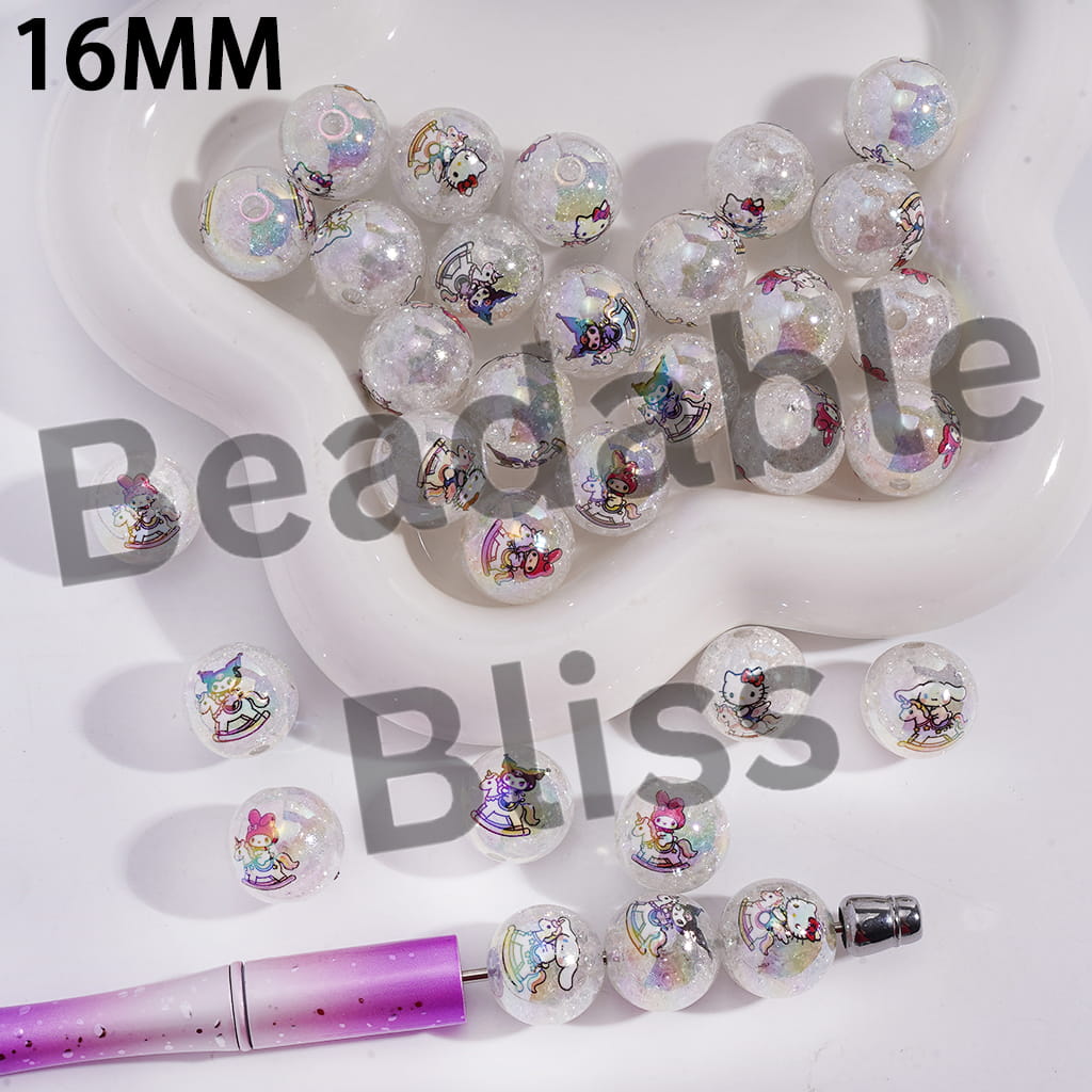 Acrylic Crackle Beads for Bracelets UV Coating with Adorable Character Riding Horse Prints Series, 16MM, Random Mix