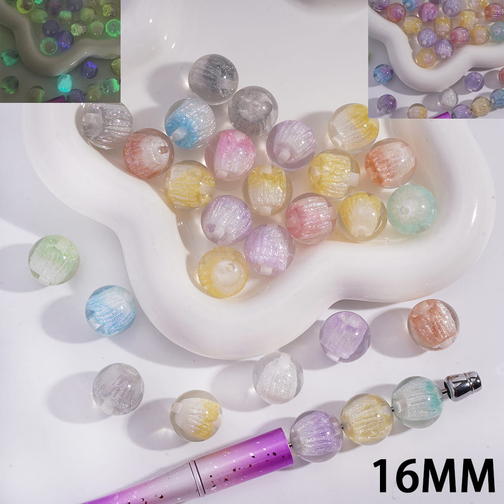 Acrylic Beads for Bracelets Luminous Color Changing with Glitter and Flower Embedded Inside Bead, 16MM, Random Mix