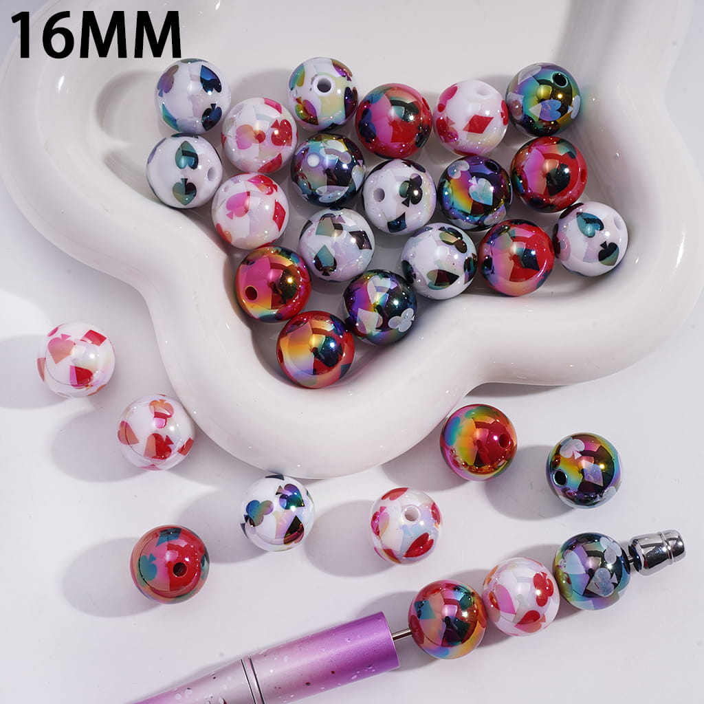Acrylic Beads for Bracelets UV Coating with Poker Card Suits Prints, 16MM, Random Mix
