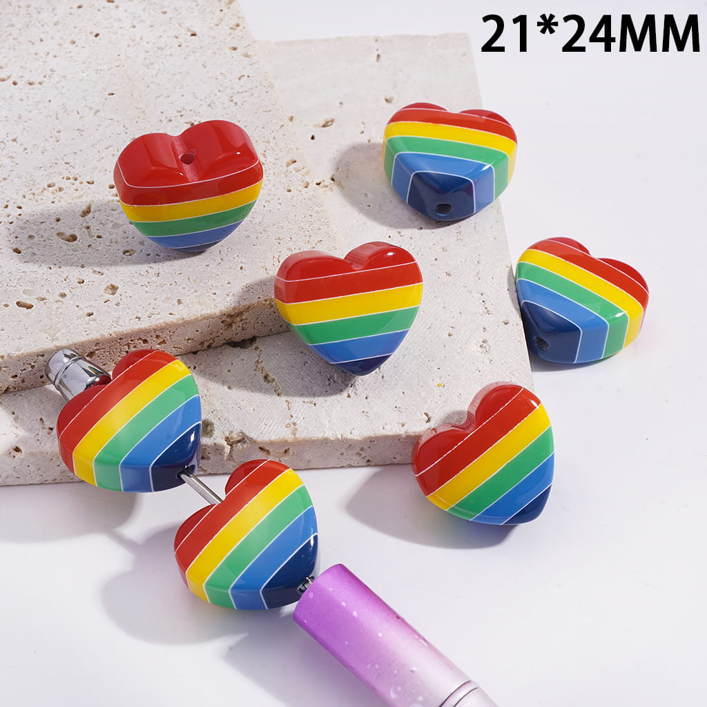 Acrylic Heart Beads Glossy with Rainbow Stripes, 21*24MM