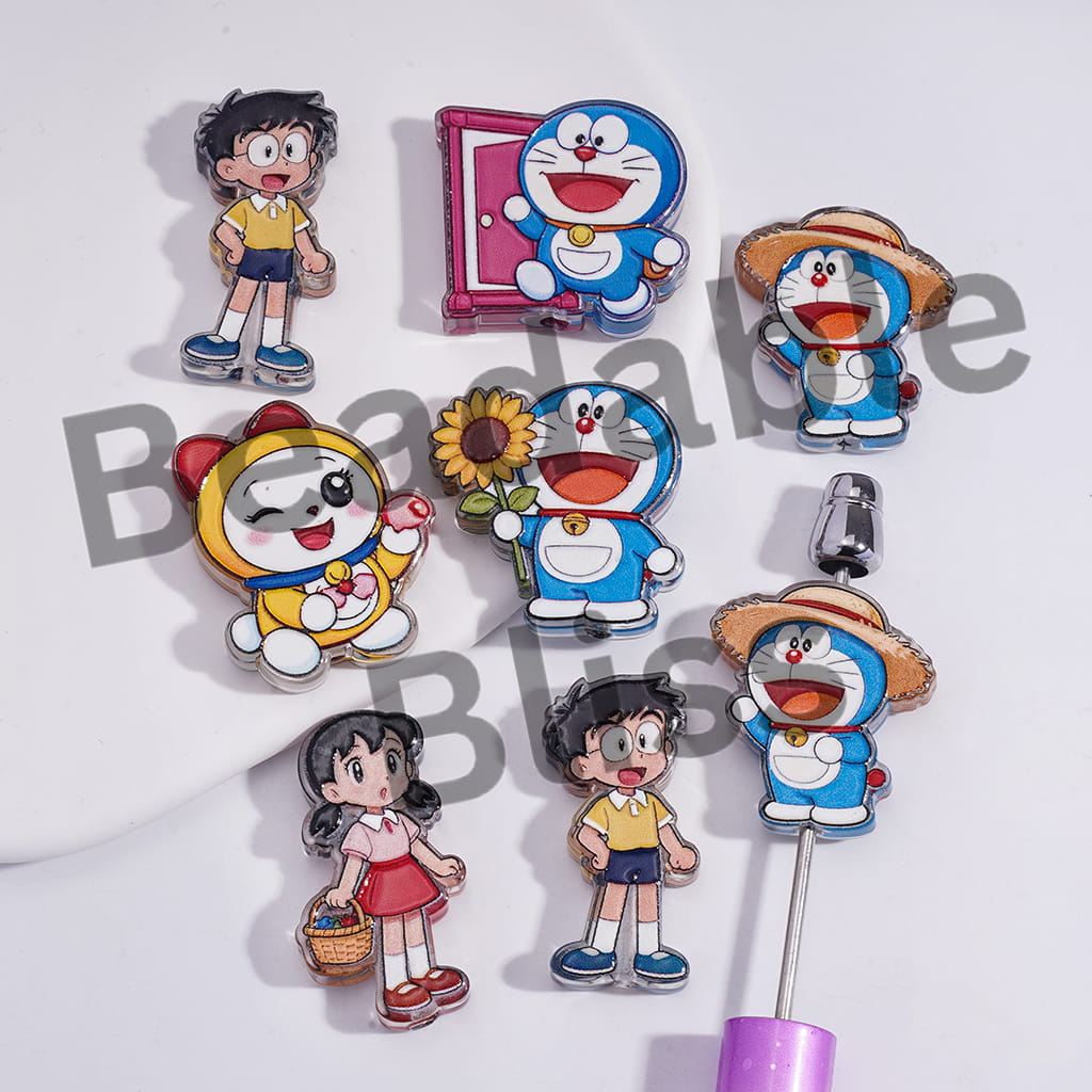 Acrylic Beads Japanese Blue Robot Cat Character Series, Translucent, Random Mix