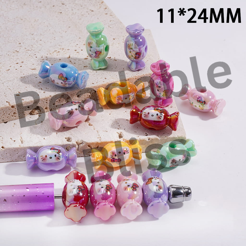 Acrylic Candy Beads UV Coating with Cute Cat Character Head Prints, 11*24MM, Random Mix