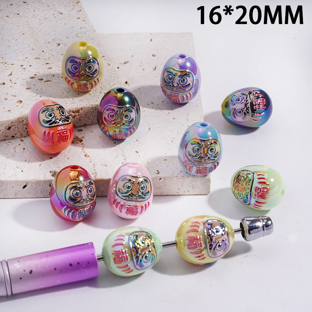 Acrylic Egg Beads with Japanese Traditional Mascot Patterns, 16*20MM, Random Mix