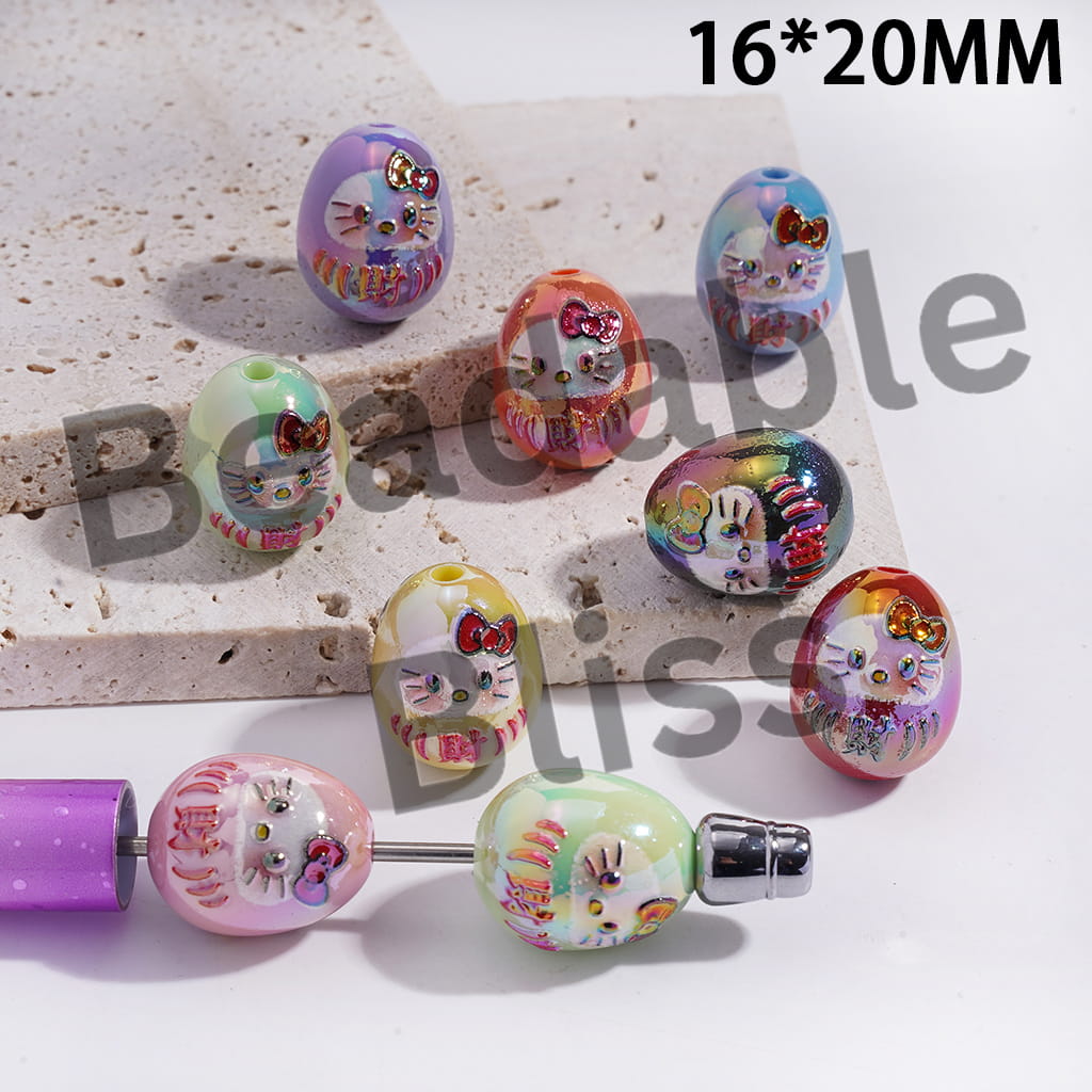 Acrylic Egg Beads with Cute Cat Character and Lucky Word Patterns, 16*20MM, Random Mix