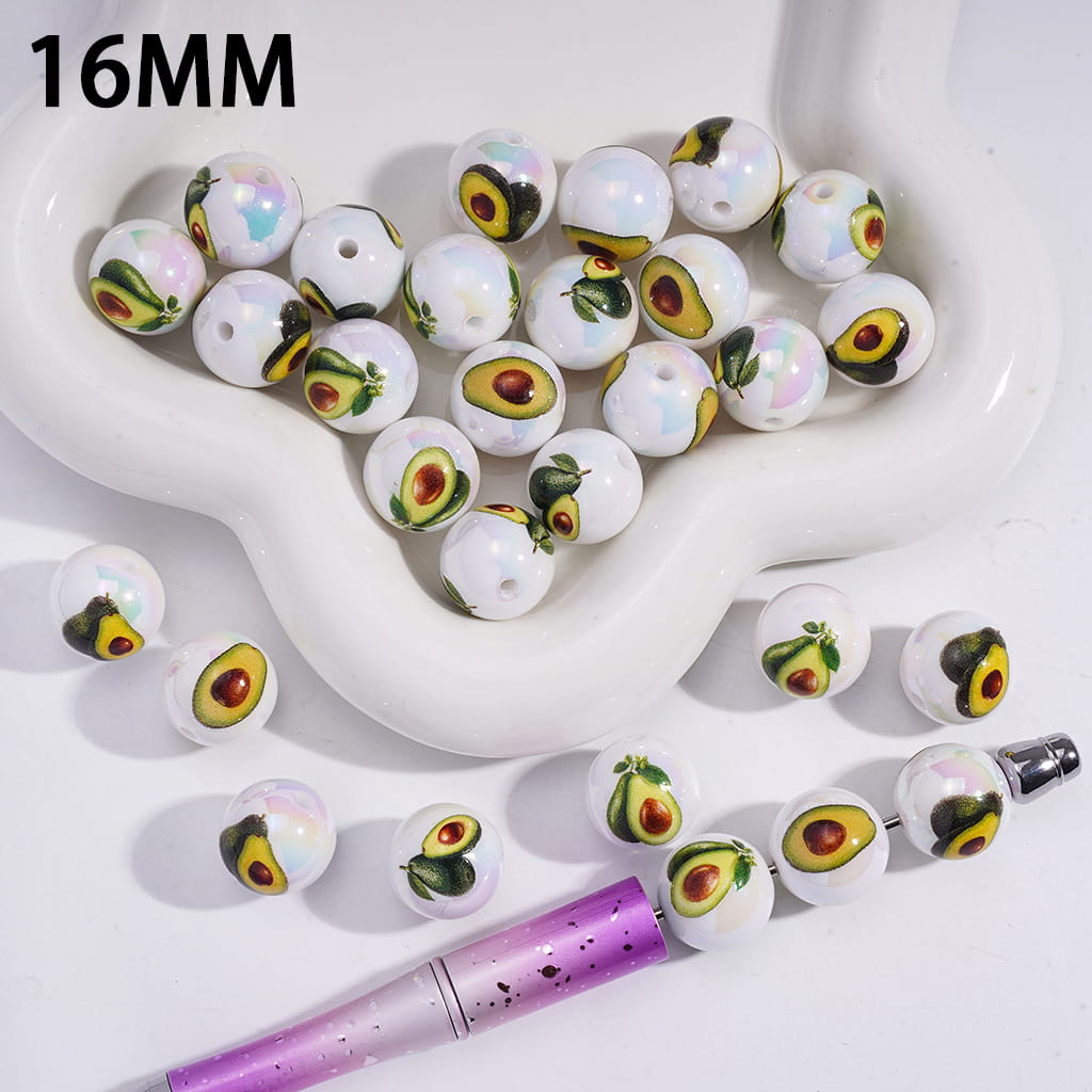 Acrylic Beads for Bracelets UV Coating Fruit Avocado Prints, 16MM, Random Mix