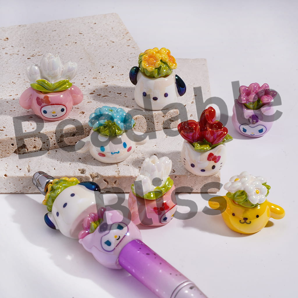 Acrylic Beads UV Coating Adorable Character Flowerpot with Various Types Flower, Random Mix