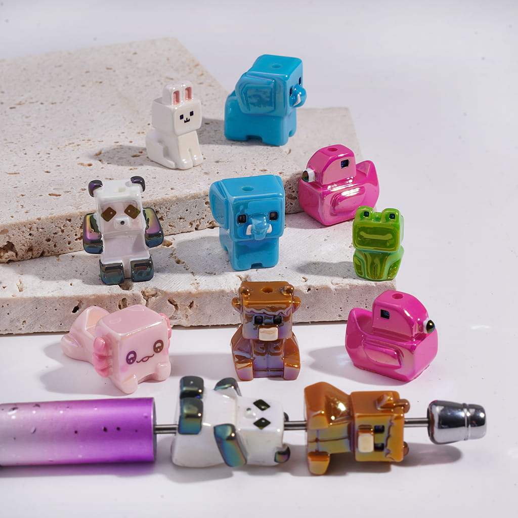 Acrylic Beads UV Coating Animal Theme, Panda Bunny Elephant Frog Bear Flamingo Axolotl, Random Mix