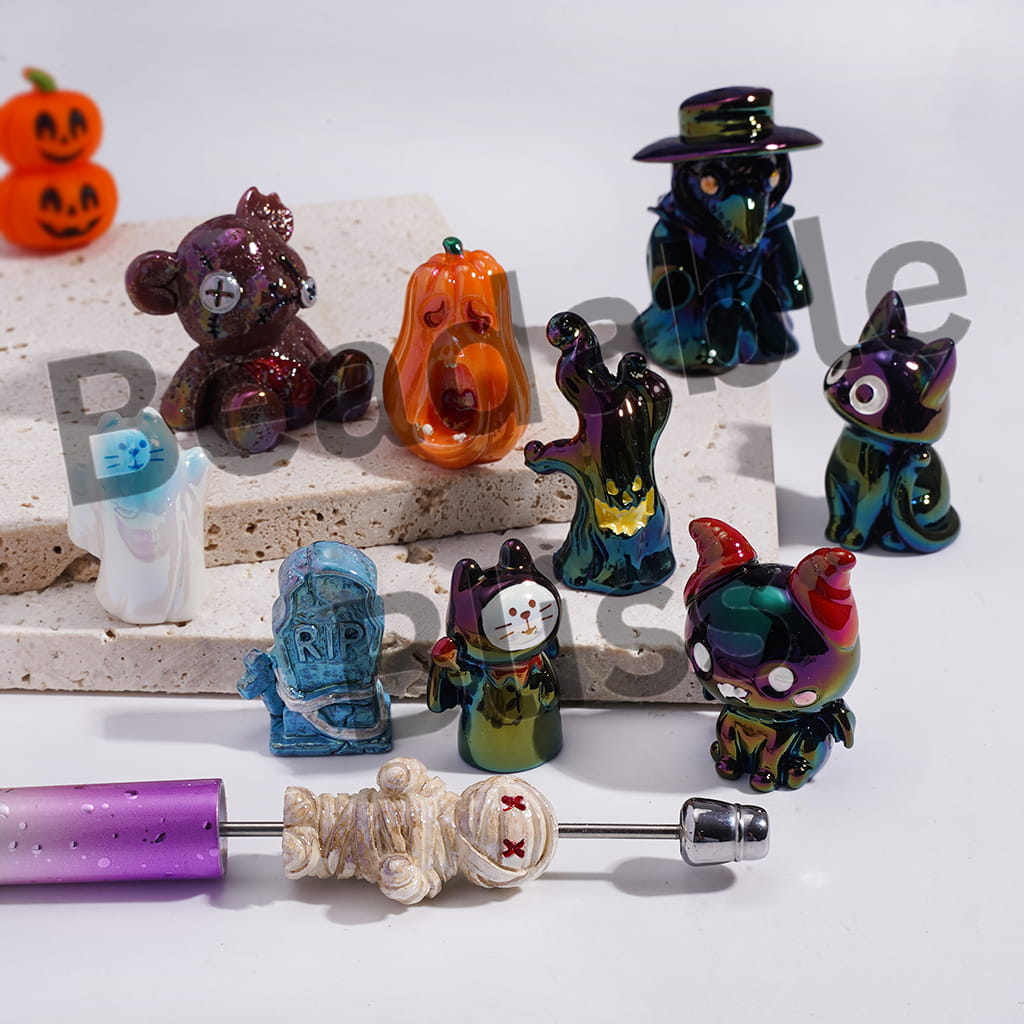 Acrylic Beads UV Coating Bear Doll Cat Pumpkin Mummy Crow Tombstone Dead Tree Halloween Series, Random Mix
