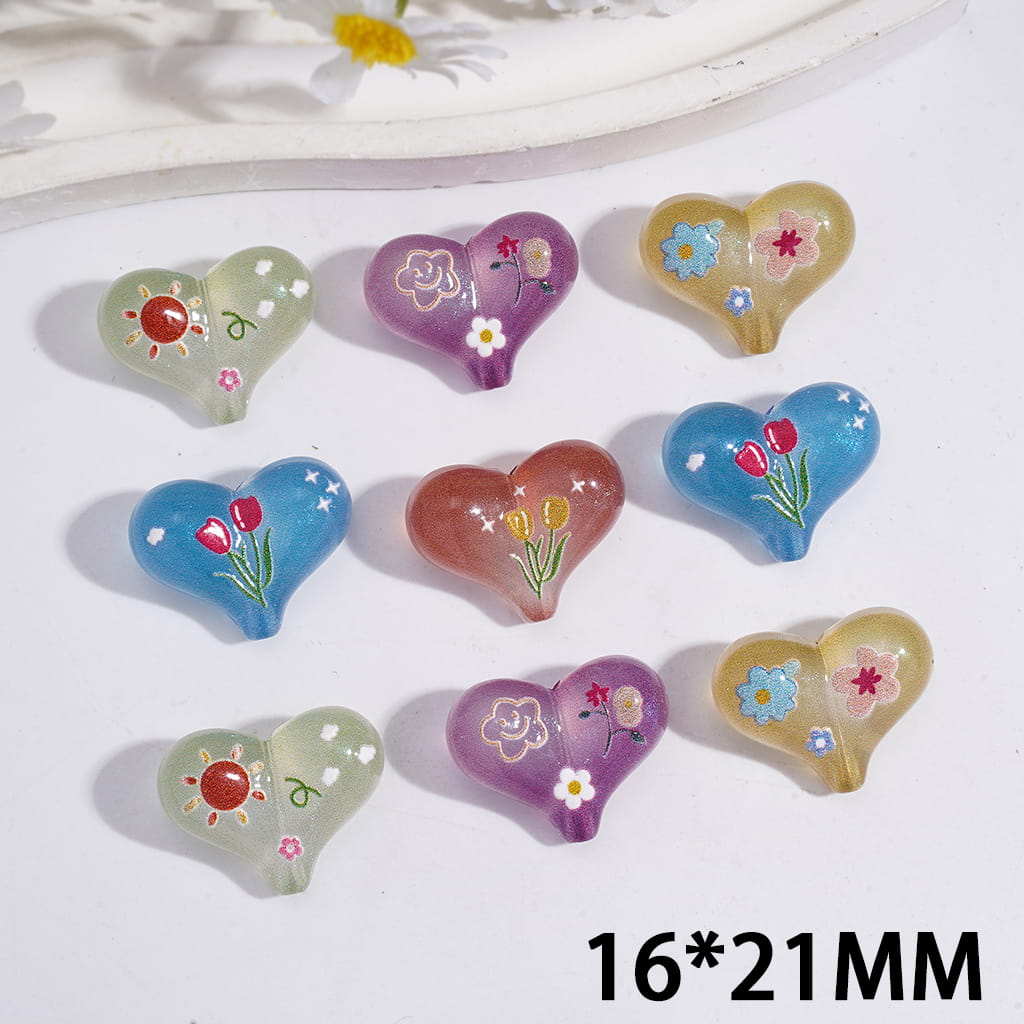 Acrylic Heart Beads with Glitter and Flowers Sun Prints, 16*21MM, Multi-Color, Random Mix (It's a little hard to stick into the pen pole)