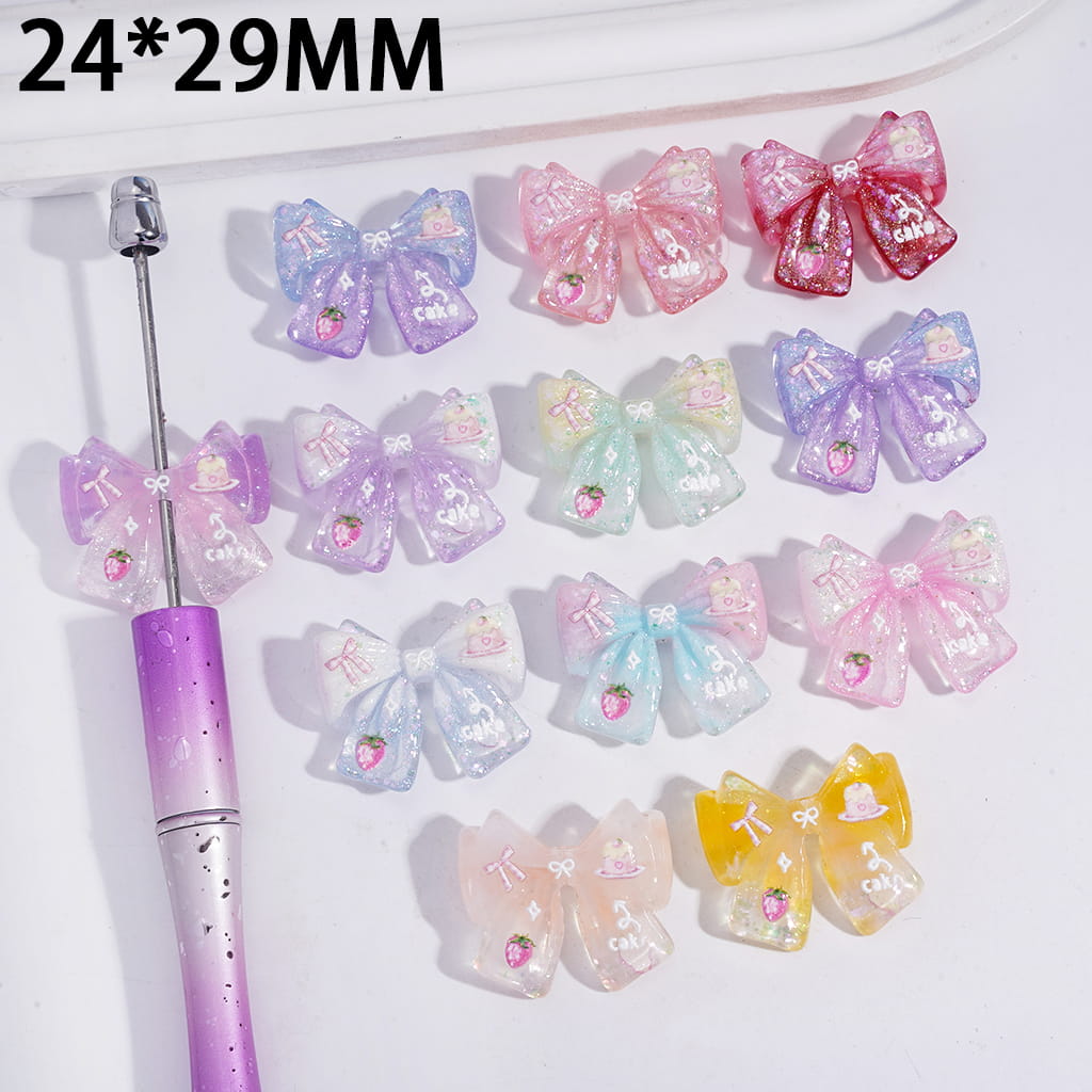 Acrylic Bowknot Beads with Sparkling Glitter and Cake Strawberry Stars, 24*29MM, Random Mix
