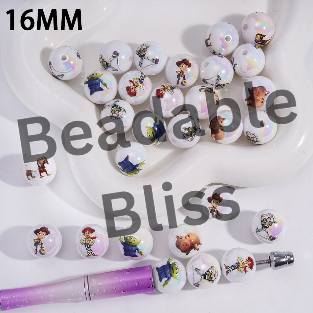 Acrylic Beads for Bracelets UV Coating with Toy Adventure Character Series, 16MM, Random Mix
