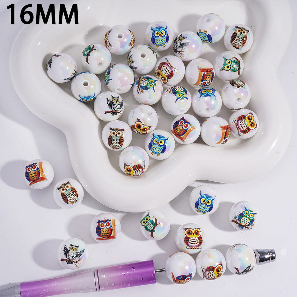 Acrylic Beads for Bracelets UV Coating with Cute Owl Series, 16MM, Random Mix
