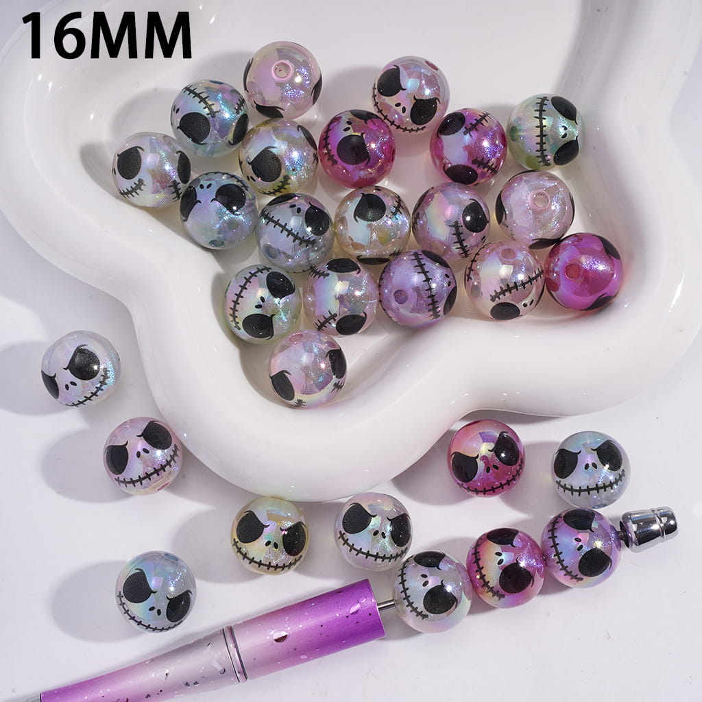 Acrylic Beads for Bracelets UV Coating Halloween Skeleton Couple Face and Glitter, 16MM, Random Mix