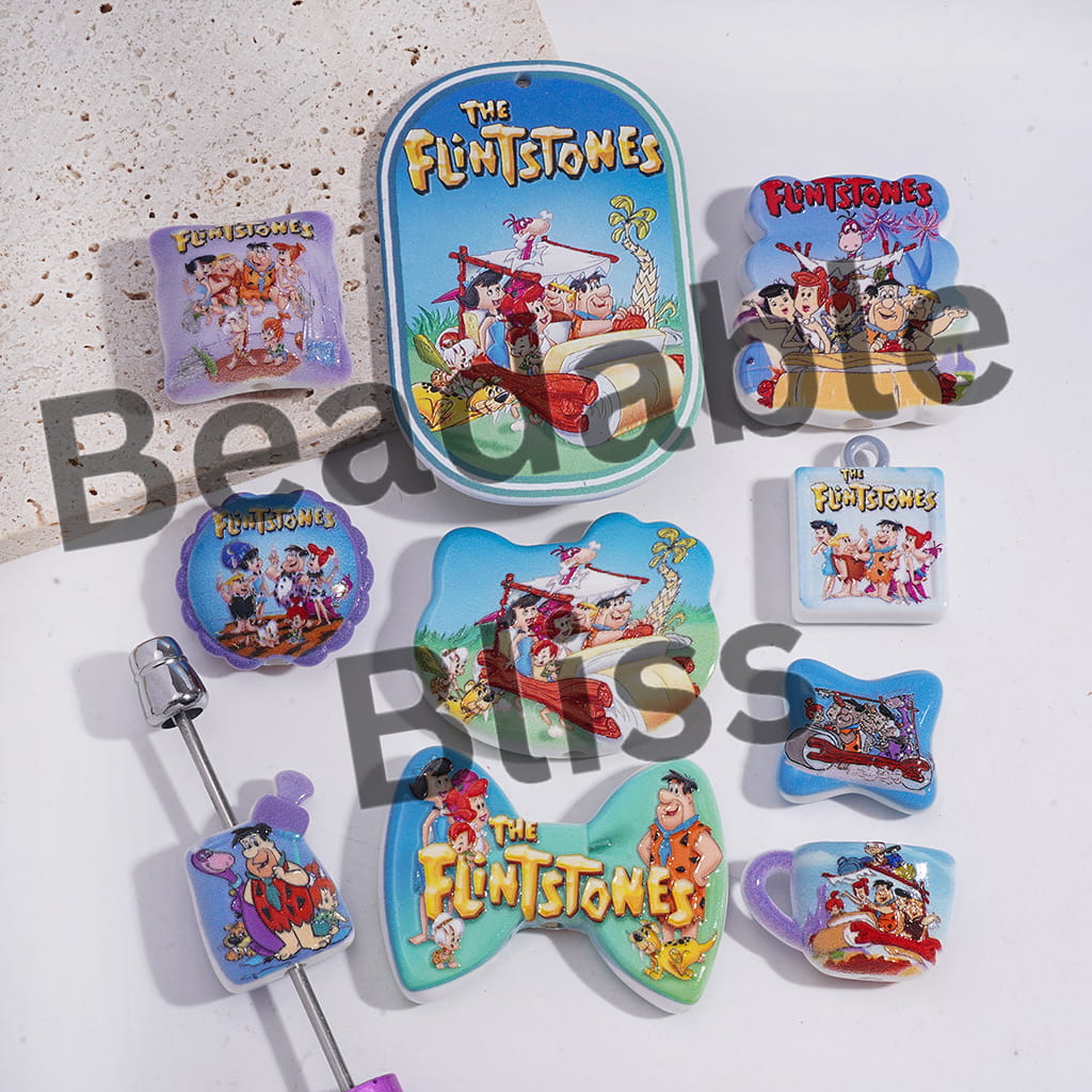 Acrylic Beads Pendants with the Stone Age Funny Family and Neighbor Prints Series, Random Mix