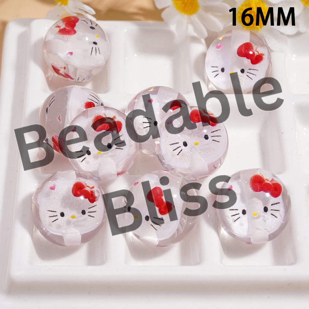 Acrylic Beads for Bracelets with Cute Cat Character Embedded Inside Bead, 16MM, Clear