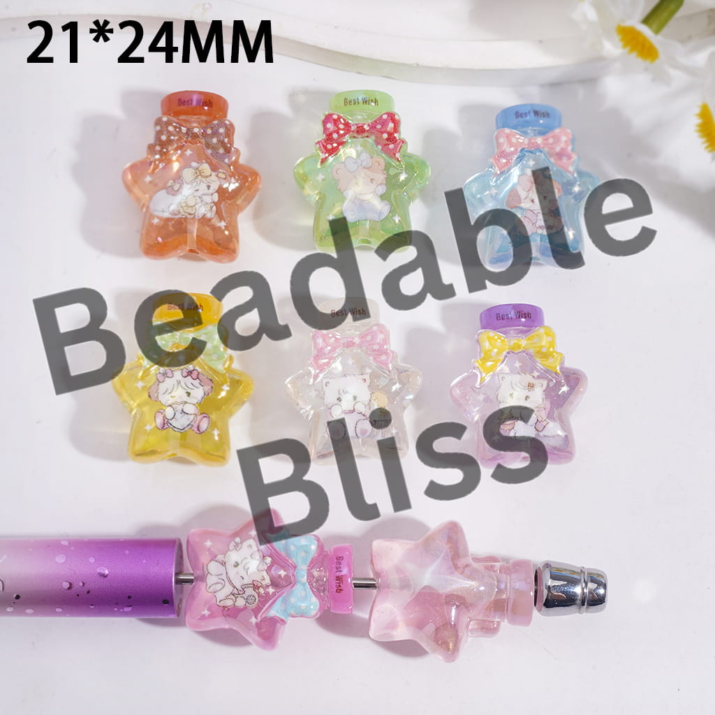 Acrylic Beads UV Coating Star Wishing Bottle with Japanese Sweet Girl Illustration Animal Series, 21*24MM, Random Mix