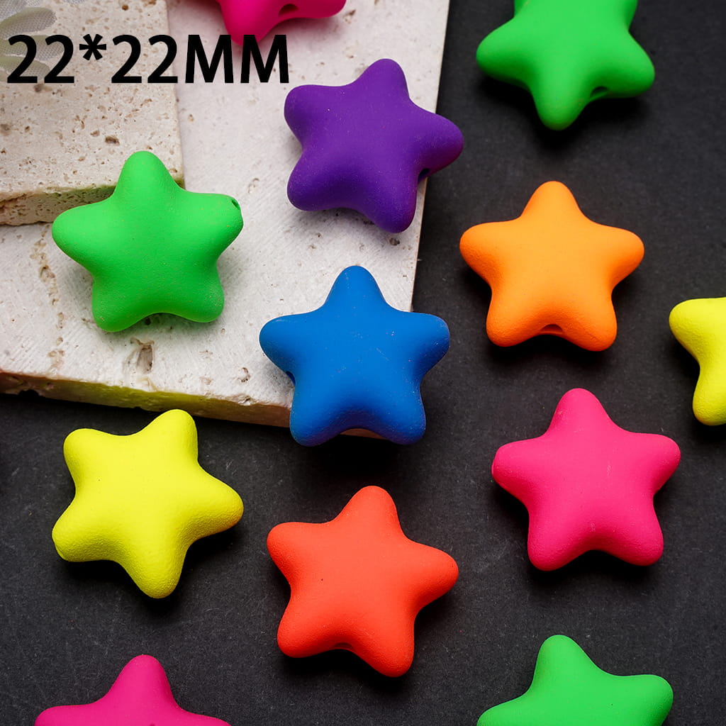 Star Acrylic Beads in Matte Rubber Touch, Fluorescence Colors, 22*22MM, Random Mix