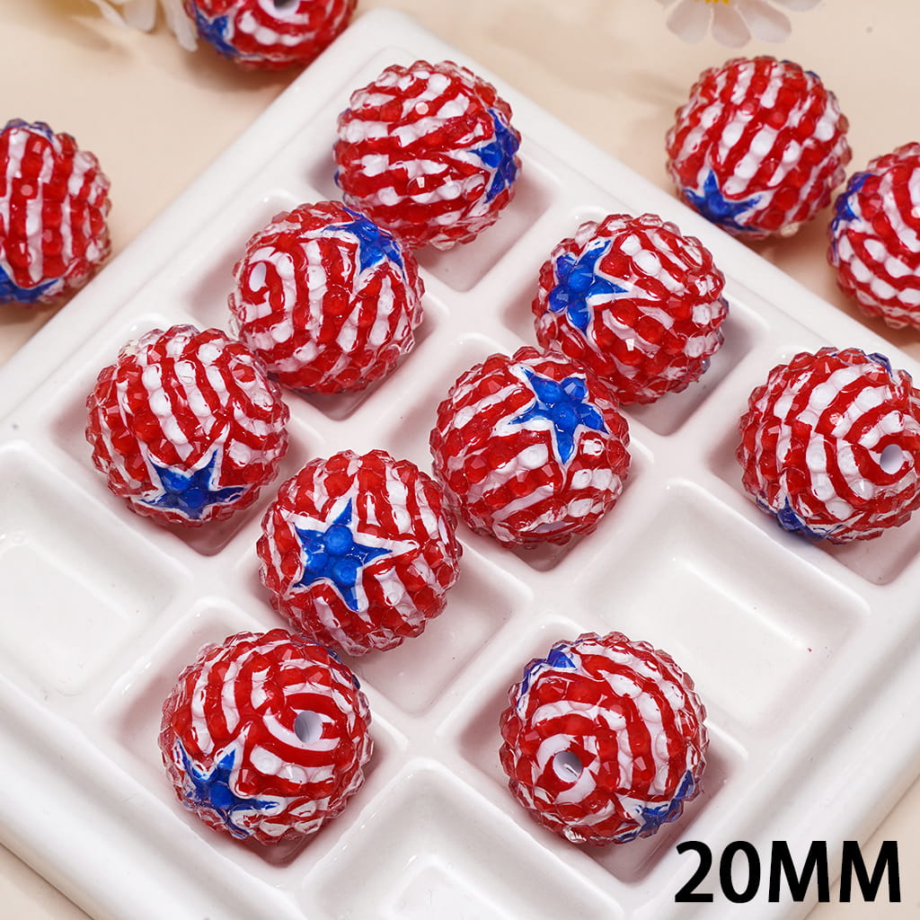 American Flag Acrylic Beads with Clear Rhinestones, 20MM