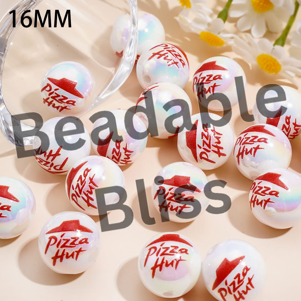 Acrylic Beads for Bracelets UV Coating with Text "Pizza..." in Food Theme, 16MM