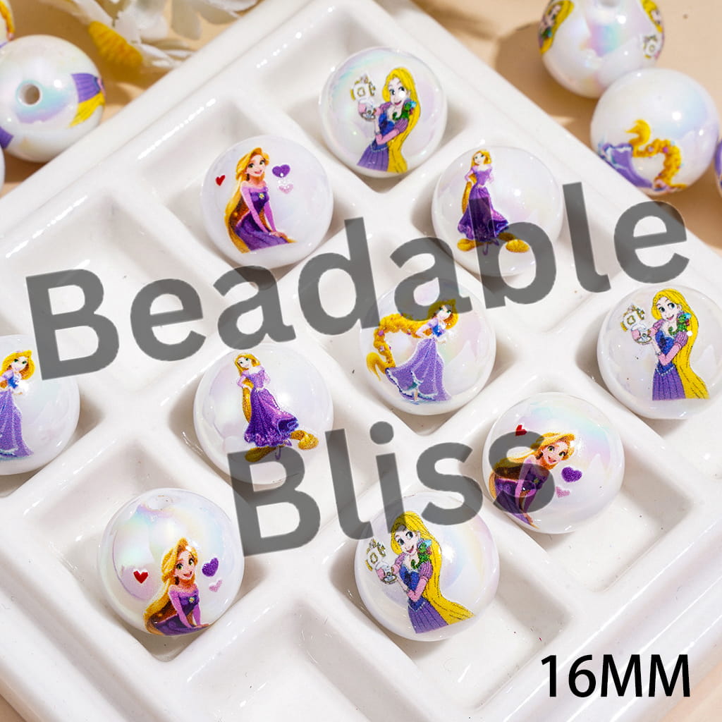 Acrylic Beads for Bracelets UV Coating with Golden-Haired Princess Character Prints, 16MM, Random Mix