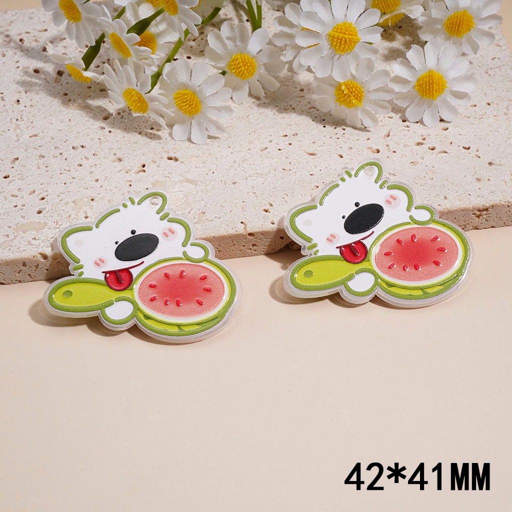 Acrylic Charm Pendant w Cute White Dog Eating Watermelon, Hanging Loop 42*41MM