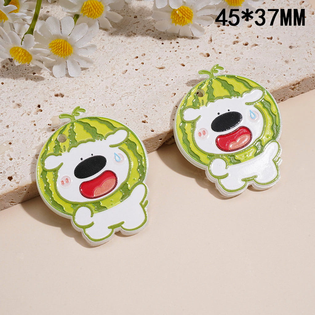 Acrylic Charm Pendant w Little White Dog Wearing Watermelon Headgear, Hanging Loop 45*37MM