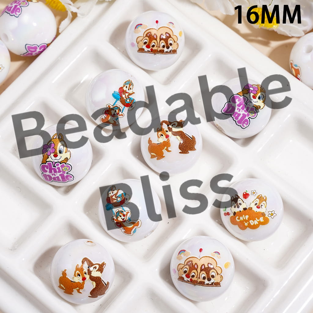 UV Coating Acrylic Beads for Bracelets w Brother Chipmunk Character Series, 16MM, Random Mix